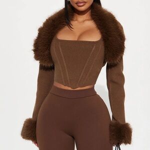 Sara Faux Fur 2 Piece Sweater Top - Chocolate (size M) Bolero + Corset